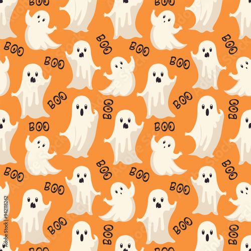 Seamless Halloween illustration with ghosts and threatening inscriptions Boo on a bright orange background. Print on wrapping paper, greeting cards, textiles, backgrounds.