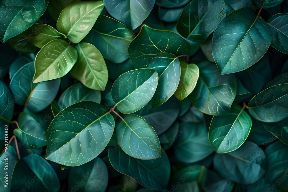 Fototapeta premium Lush Greenery: A Close-Up of Vibrant Leaves in Varying Shades of Green