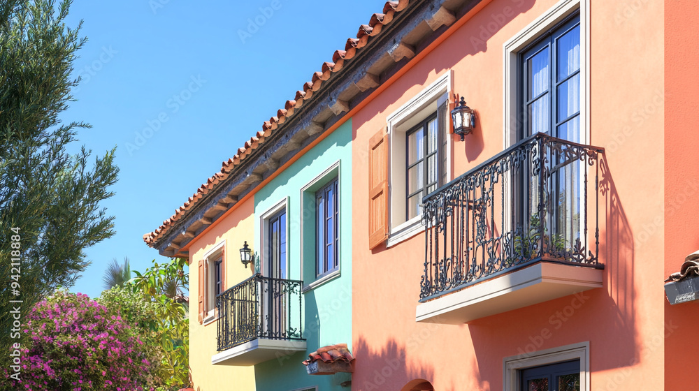 Fototapeta premium Charming colorful houses with balconies on a sunny day in a tranquil neighborhood