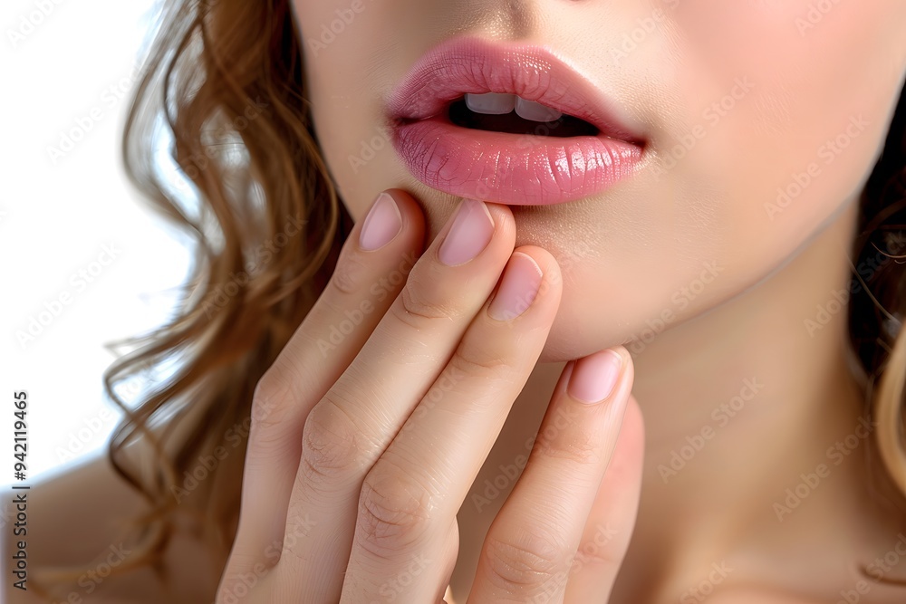 Close-Up of Soft Lips and Delicate Hands in Natural Light Close-Up of Soft Lips and Delicate Hands in Natural Light