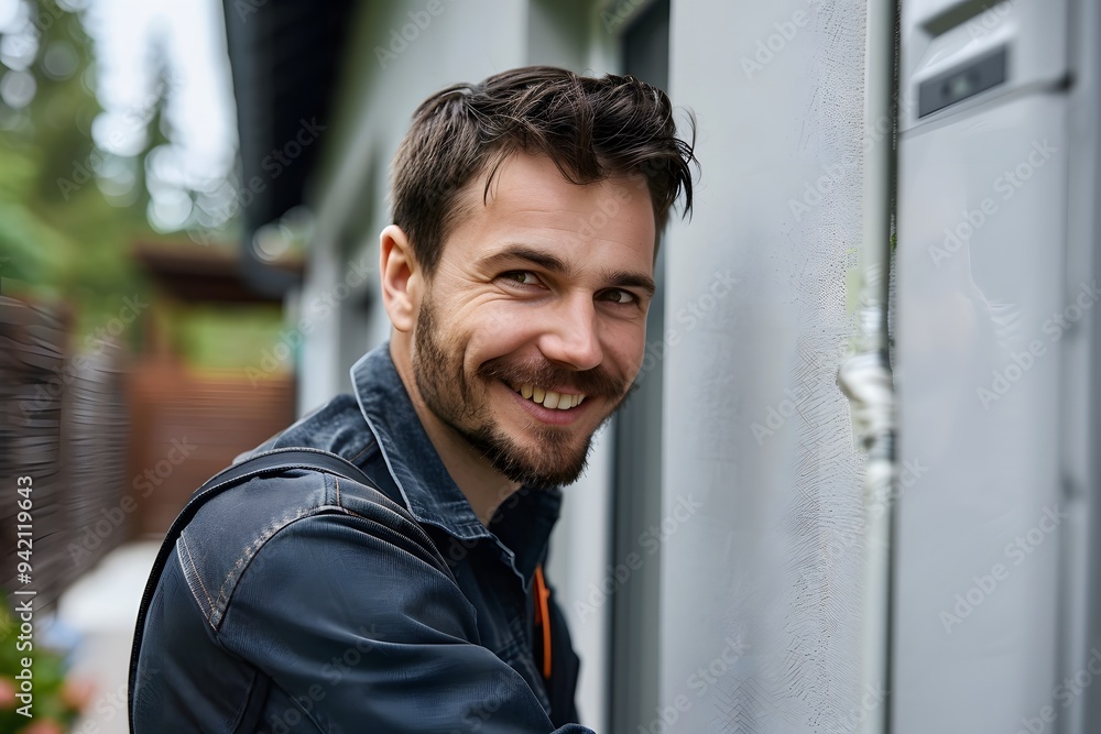 Fototapeta premium Friendly Man Smiling While Interacting with a Doorbell