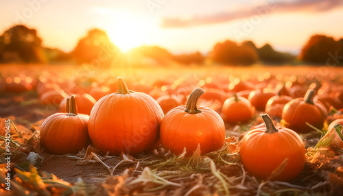 A dreamy, soft-focus shot of a pumpkin patch at sunset, with warm golden light illuminating the scene, creating a serene and enchanting atmosphere.


