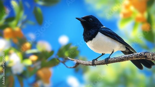 A Seychelles magpie-robin perched on a branch with a vivid blue sky in the background. photo