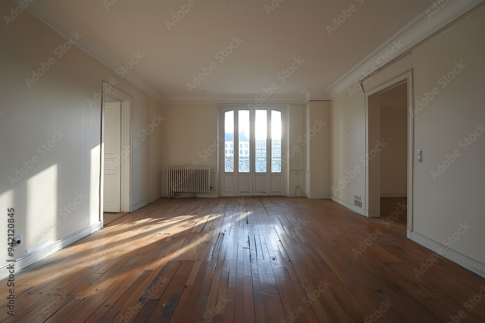 Obraz premium Spacious and Bright Unfurnished Room with Wooden Floors and Large Windows