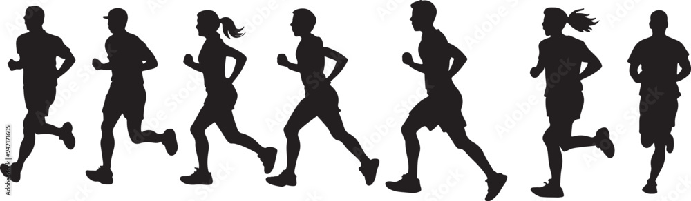 Obraz premium set of vector silhouette of running people white background