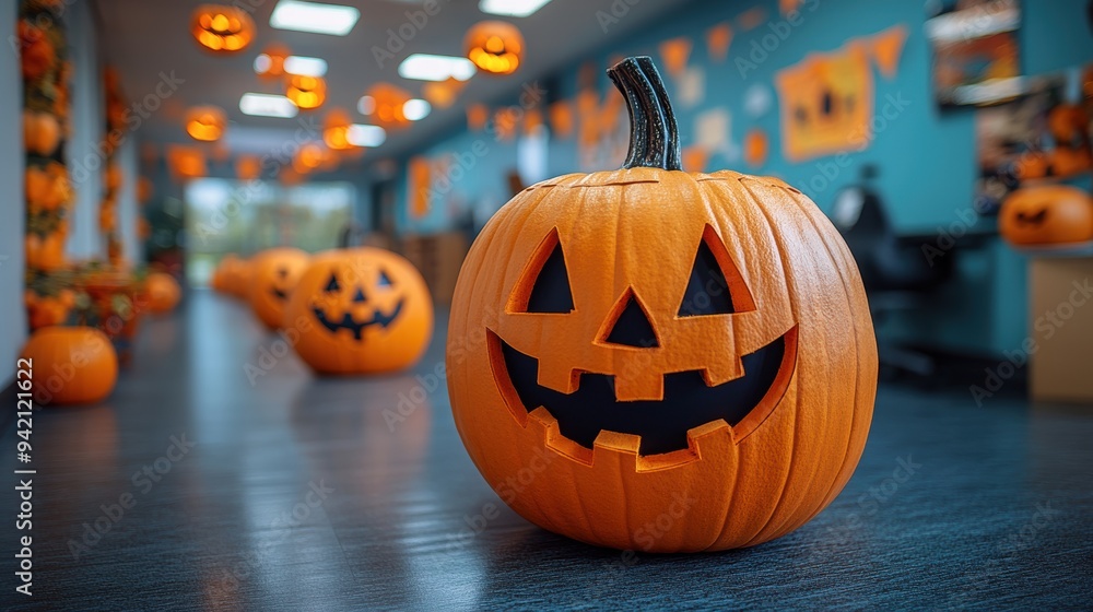 A festive Halloween-themed office decorated with carved pumpkins and jack-o'-lanterns, creating a spooky yet cheerful atmosphere to celebrate the holiday A festive Halloween-themed office decorated with carved pumpkins and jack-o'-lanterns, creating a spooky yet cheerful atmosphere to celebrate the holiday