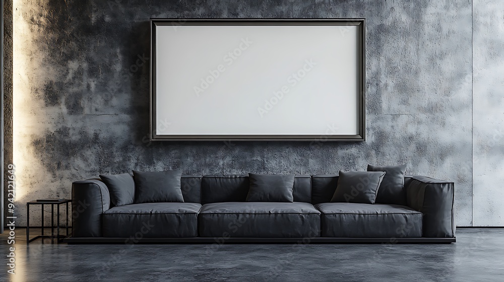 A sleek industrial-style loft with a charcoal gray sofa and an empty metallic frame on a concrete wall. A sleek industrial-style loft with a charcoal gray sofa and an empty metallic frame on a concrete wall.