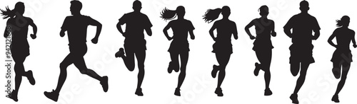  set of vector silhouette of running people white background