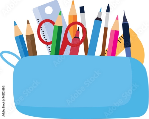 A bright school pencil case filled with school stationery, such as pens, pencils, Concept of September 1, go to school. flat vector illustration on white background