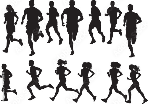  set of vector silhouette of running people white background