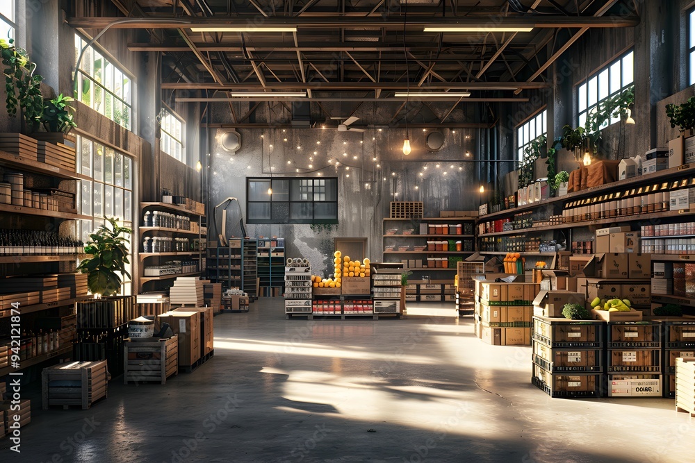 Bright and Inviting Grocery Store Interior with Rustic Charm Bright and Inviting Grocery Store Interior with Rustic Charm