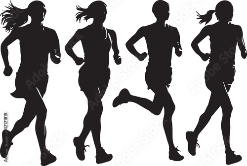  set of vector silhouette of running people white background