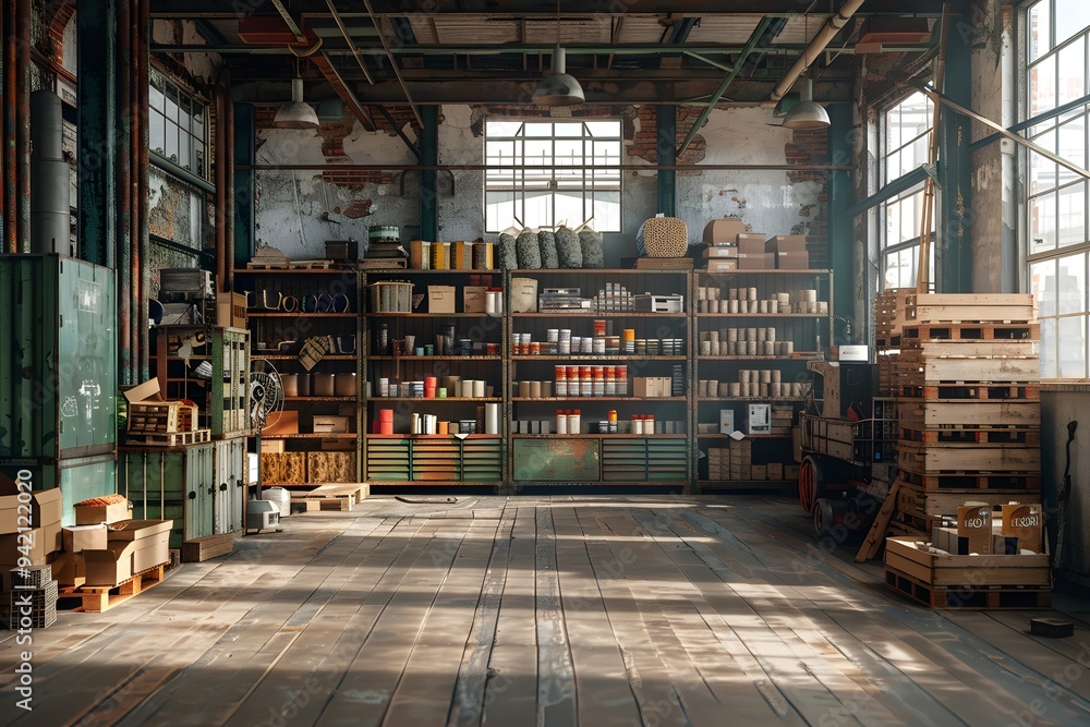 Spacious Industrial Warehouse with Shelves and Pallets Spacious Industrial Warehouse with Shelves and Pallets