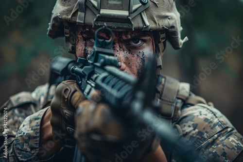 Intense Focus: A Soldier Aiming with Precision in a Tactical Environment photo