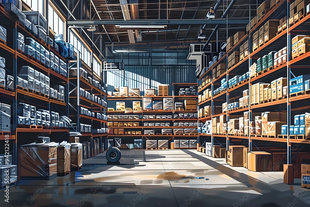 Bright and Organized Warehouse Interior with Shelves Full of Supplies Bright and Organized Warehouse Interior with Shelves Full of Supplies
