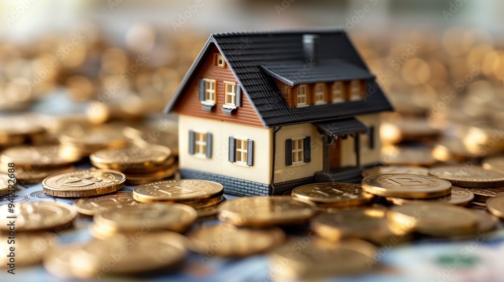 Toy apartment building on scattered golden coins image. High costs of household services photography scene wallpaper. Real estate market activities concept photorealistic photo Toy apartment building on scattered golden coins image. High costs of household services photography scene wallpaper. Real estate market activities concept photorealistic photo