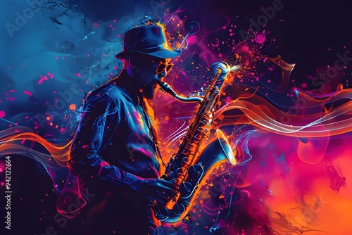 Vibrant Jazz: A Saxophonist in a Colorful Musical Dreamscape