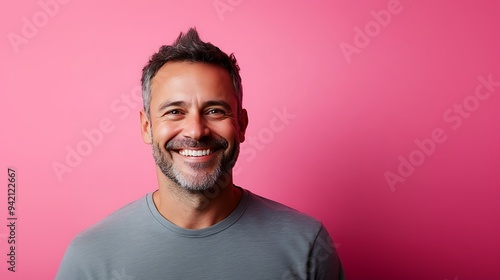 A smiling man in his 40s, with a joyful expression, on a pink solid background.