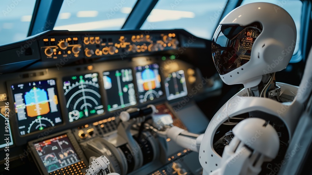 Fototapeta premium A humanoid robot in a cockpit, operating flight instruments.