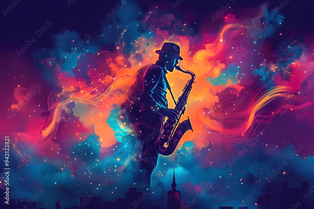 Obraz premium Vibrant Jazz: A Saxophonist in a Cosmic Symphony of Colors