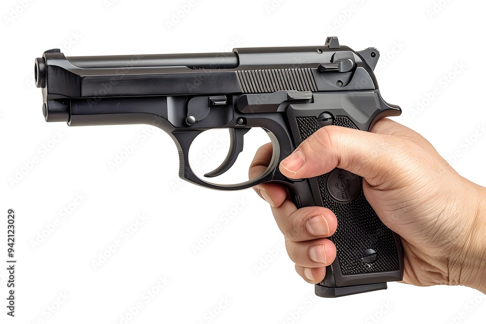 Hand holiding gun on white backdrop Hand holiding gun on white backdrop