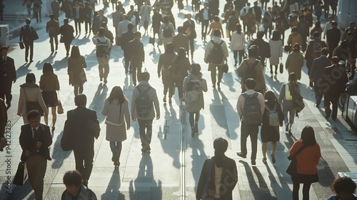 People crowd walking along modern city image. Pedestrians on paved sidewalk of megapolis photography scene wallpaper. Urban downtown rush hour concept photorealistic photo photo