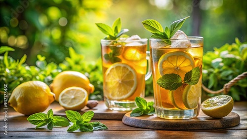 Refreshing Iced Tea with Lemon and Mint in Sunlit Garden.