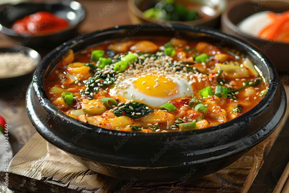 Delicious Korean Stew with Egg and Vegetables in a Stone Pot Delicious Korean Stew with Egg and Vegetables in a Stone Pot