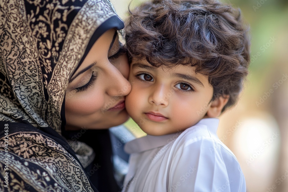 Loving Arab mother kisses his son. Arabic parent with young boy child. Middle East Family. Woman in Abaya. Young kid on Kandura traditional dress for boys in the Middle East with generative ai Loving Arab mother kisses his son. Arabic parent with young boy child. Middle East Family. Woman in Abaya. Young kid on Kandura traditional dress for boys in the Middle East with generative ai