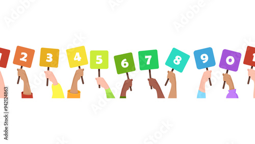 Seamless border of multi-colored signs with numbers 1-5, which are held by female hands of different skin colors