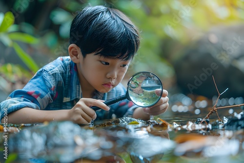 Curious Child Exploring Nature with a Magnifying Glass by a Stream