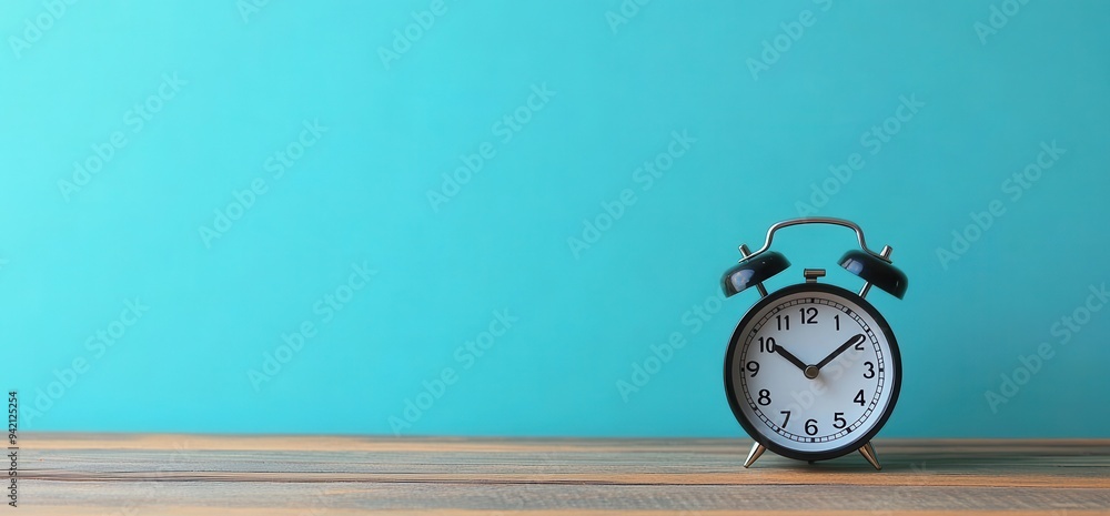 Black alarm clock on a white wooden table with a blue background Black alarm clock on a white wooden table with a blue background
