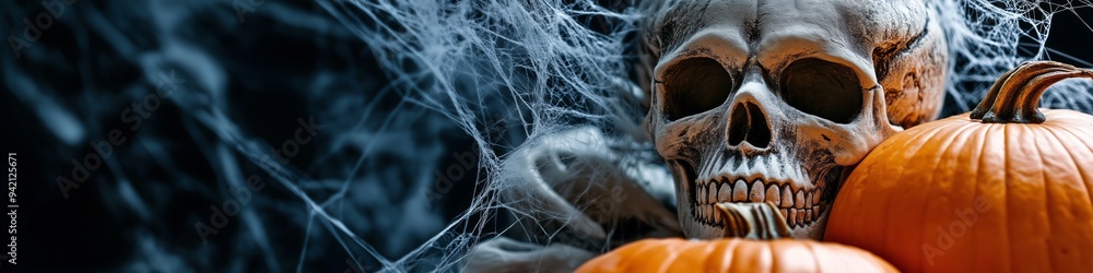 A skull is holding two pumpkins in front of a spider web. The skull and pumpkins give off a spooky and eerie vibe, while the spider web adds to the creepy atmosphere A skull is holding two pumpkins in front of a spider web. The skull and pumpkins give off a spooky and eerie vibe, while the spider web adds to the creepy atmosphere