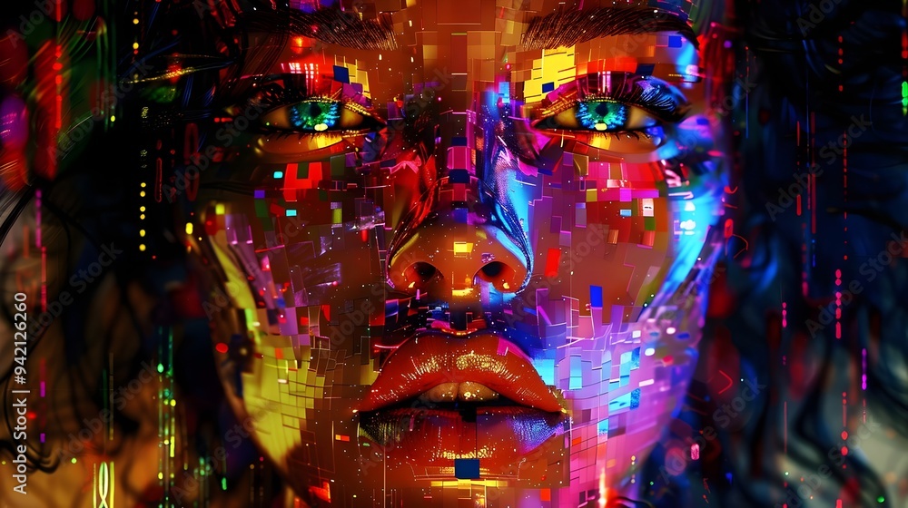 Fototapeta premium Vibrant Digital Face Art Displaying Abstract Geometric Patterns Colors Light Reflection. AI Generated