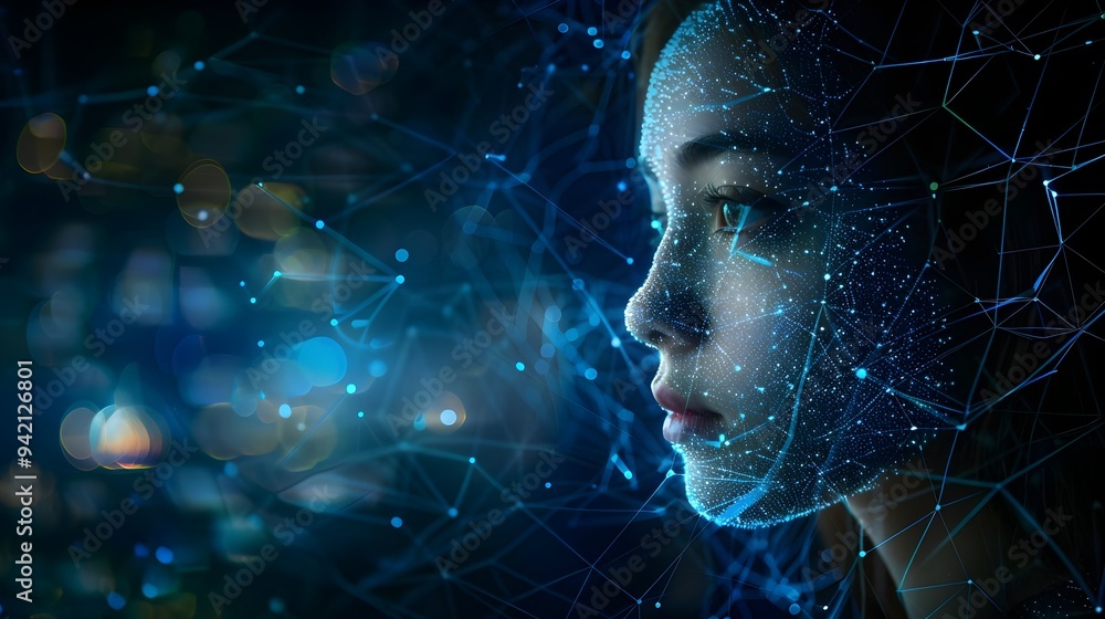 Digital Portrait Face Technology Connection Artificial Intelligence Network. AI Generated Digital Portrait Face Technology Connection Artificial Intelligence Network. AI Generated