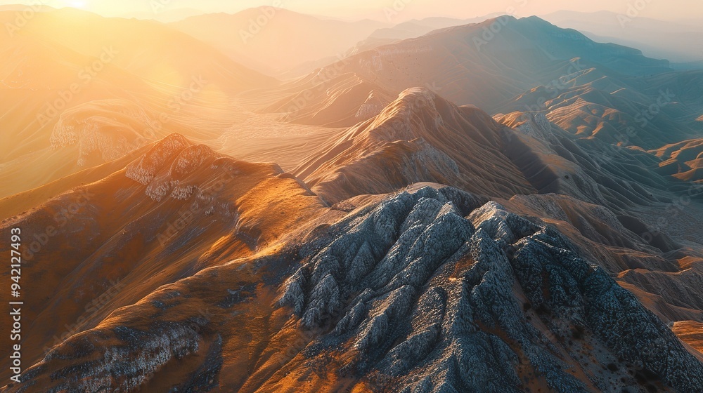 Obraz premium Cinematic photograph of a majestic mountain range with a serene river flowing through a dense forest