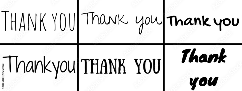 Handwritten 'Thank You' Inscriptions in Various Styles - Creative Typography Design for Gratitude Expressions, Ideal for Greeting Cards and Appreciation Projects. Handwritten 'Thank You' Inscriptions in Various Styles - Creative Typography Design for Gratitude Expressions, Ideal for Greeting Cards and Appreciation Projects.