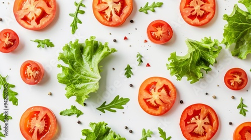 Creative layout made of tomato slices and lettuce salad leaves. Flat lay, top view. Food concept. Vegetables isolated on white background. Food ingredients pattern with copy space. 