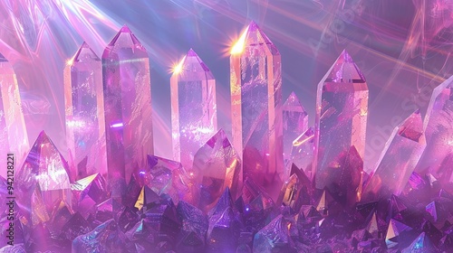 Giant sparkling purple amethyst crystal emits stunning light, Crystal background.