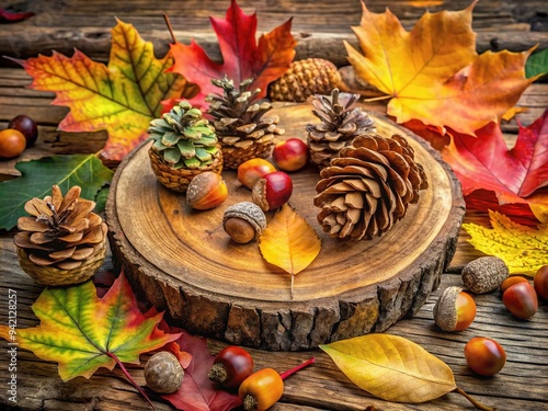 Vibrant fall leaves, acorns, and pinecones surround a sprinkling of earthy stones and a worn wooden slice, creating a cozy, organic still life composition. photo