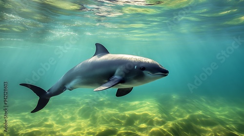 A Vaquita swimming in the clear waters of the Gulf of California, its small size and rounded fins visible.