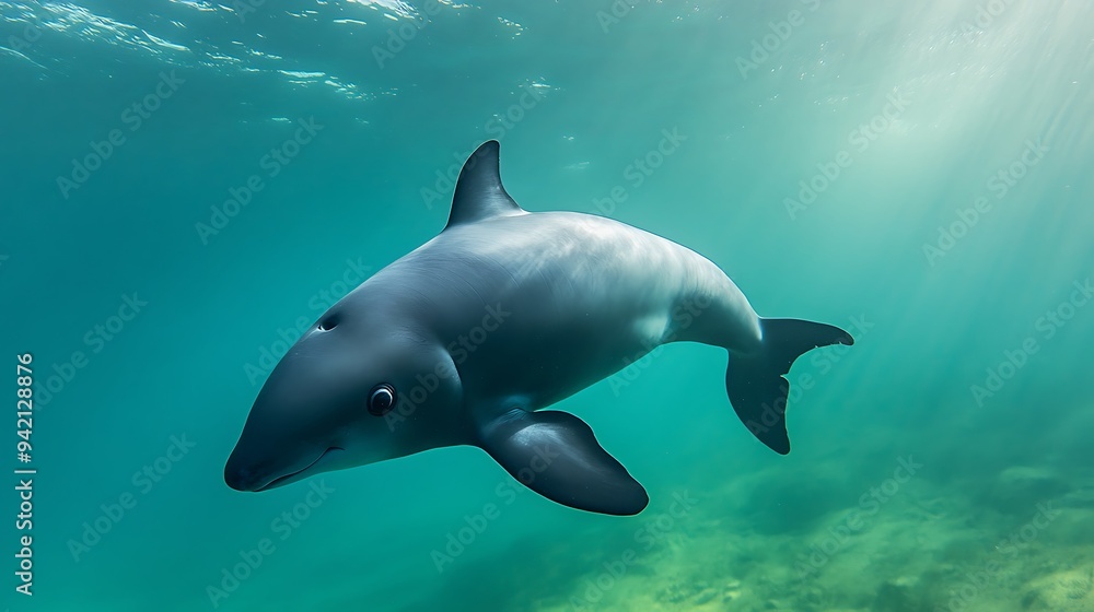 A Vaquita swimming in the clear waters of the Gulf of California, its small size and rounded fins visible. A Vaquita swimming in the clear waters of the Gulf of California, its small size and rounded fins visible.