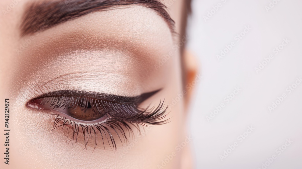 Naklejka premium Close-up of a Woman's Eye with Eyeliner and Long Lashes