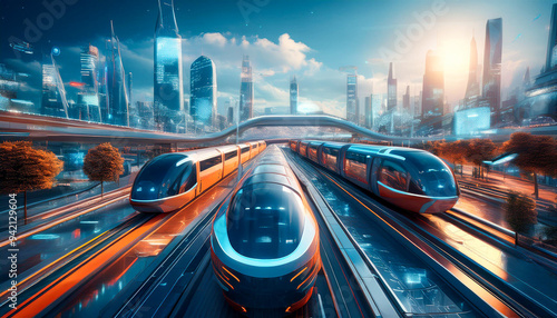 A futuristic transportation hub where AI manages public transit systems, including smart buses and autonomous shuttles, streamlining travel with real-time updates and seamless connections for passenge photo