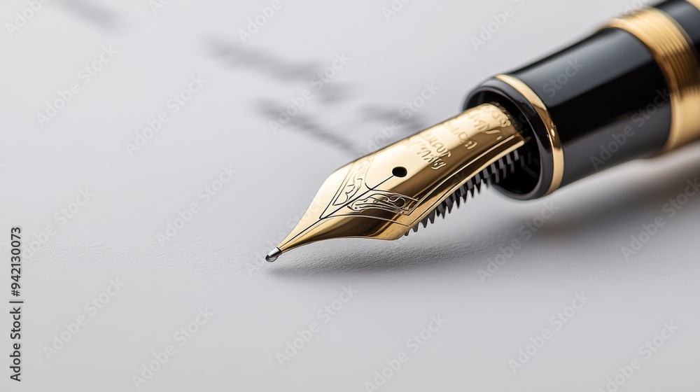 A gold fountain pen with a black barrel rests on a white sheet of paper, ready to write. A gold fountain pen with a black barrel rests on a white sheet of paper, ready to write.