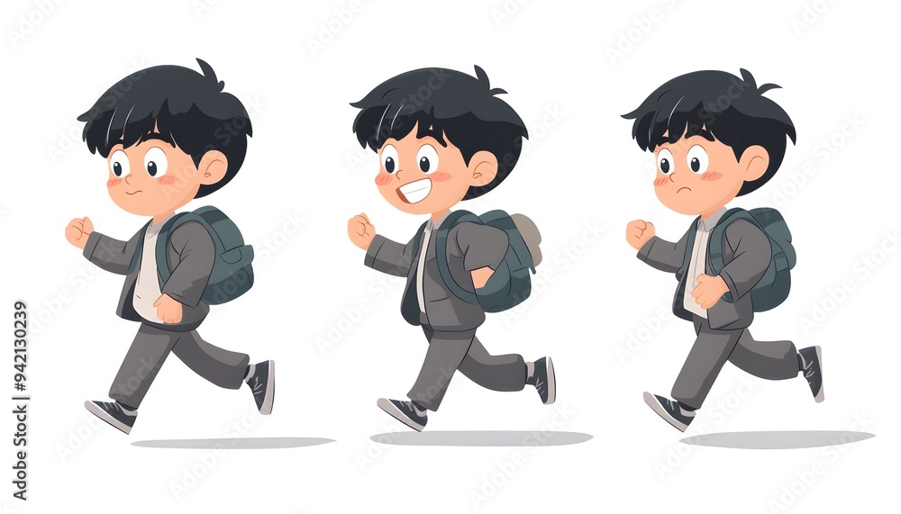 Cute boy in school uniform running with backpack. Cute boy in school uniform running with backpack.