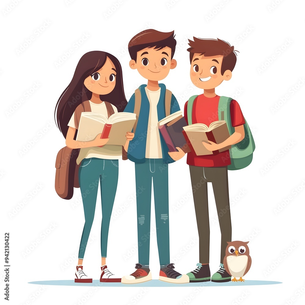 Happy group of students with backpacks holding books, an owl is looking at them. Happy group of students with backpacks holding books, an owl is looking at them.
