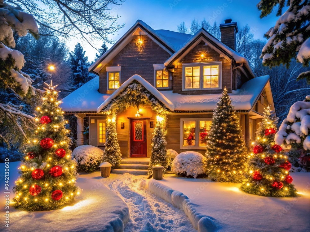 Vibrant exterior of a festive holiday home adorned with twinkling lights, garlands, and wreaths, surrounded by snow-covered trees and a welcoming winter wonderland atmosphere. Vibrant exterior of a festive holiday home adorned with twinkling lights, garlands, and wreaths, surrounded by snow-covered trees and a welcoming winter wonderland atmosphere.