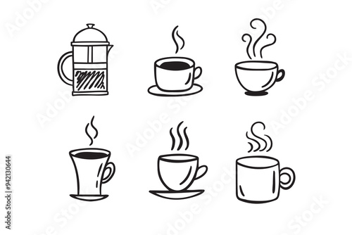 Wallpaper Mural Hand drawn hot drinks set. Doodle coffee cups white background. Coffee, tea, cappuccino, espresso, latte, americano, hot chocolate Torontodigital.ca