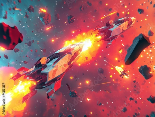 Epic Space Battle SceneColorful Explosions and Dynamic Spaceships in Action photo